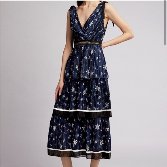 Self-Portrait Dresses & Skirts - Self-Portrait navy constellation star sequin print tiered pleated midi dress 6